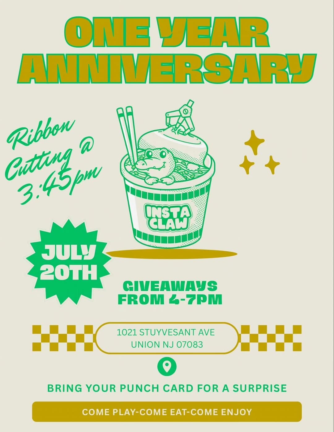 Instaclaw one-year anniversary flyer — July 20th, ribbon cutting at 3:45pm, giveaways 4 to 7pm